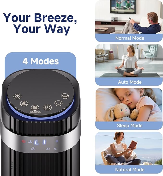 OLIXIS Tower Fan for Bedroom, Floor Standing Fan with Remote, 12H Timer, 5 Speeds, 4 Modes, LED Display, Portable Bladeless Oscillating Cooling Fan for Indoor, Home, Office