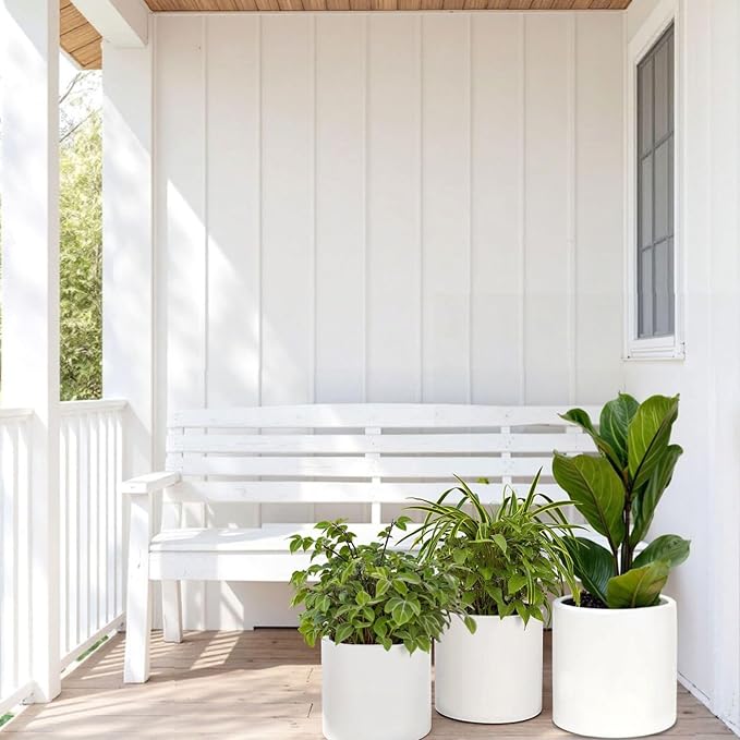 Fox & Fern Large Indoor Planter, Modern Large Plant Pot for Indoor or Outdoor, UV and Frost Resistant - Set of 3: 8, 10, 11.8 Inch, White Flower Pot with Drainage Plug, Lightweight