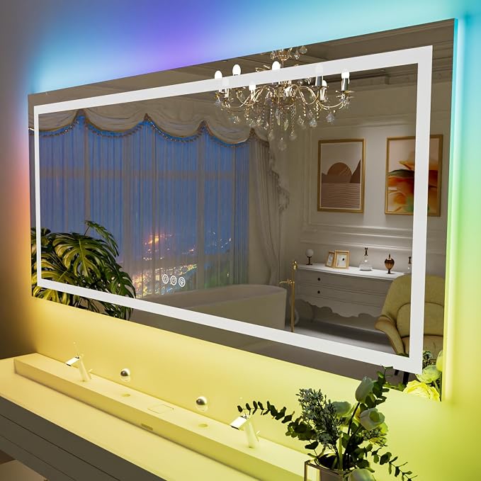 LOAAO 60"X40" RGB LED Bathroom Mirror with Lights, Anti-Fog, Dimmable, Lighted Bathroom Vanity Mirror, Multiple Light Modes, RGB Backlit + Front Light, Memory Function, Tempered Glass, ETL Listed