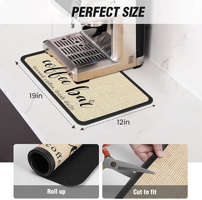 DK177 Coffee Mat - Dish Drying Mat for Kitchen Counter, Hide Stain, Absorbent with Waterproof Rubber Backing, Fit Kitchen Dish Rack Bar Accessories (Coffee Bar, 24" x 16")