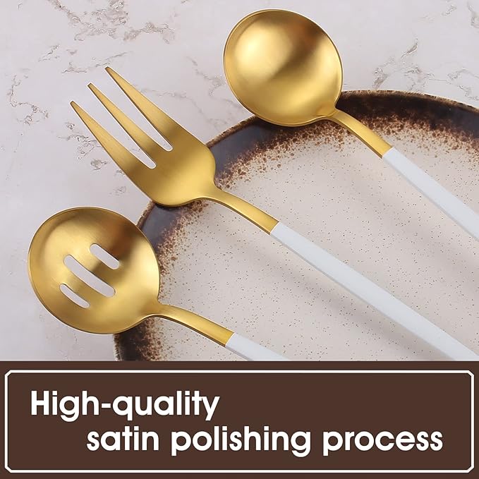 VANVRO Matte White Gold Serving Silverware Set, 5-Piece Round Shared Utensils Set of Stainless Steel, Hostess Flatware Serving Set, Satin Finish, Dishwasher Safe