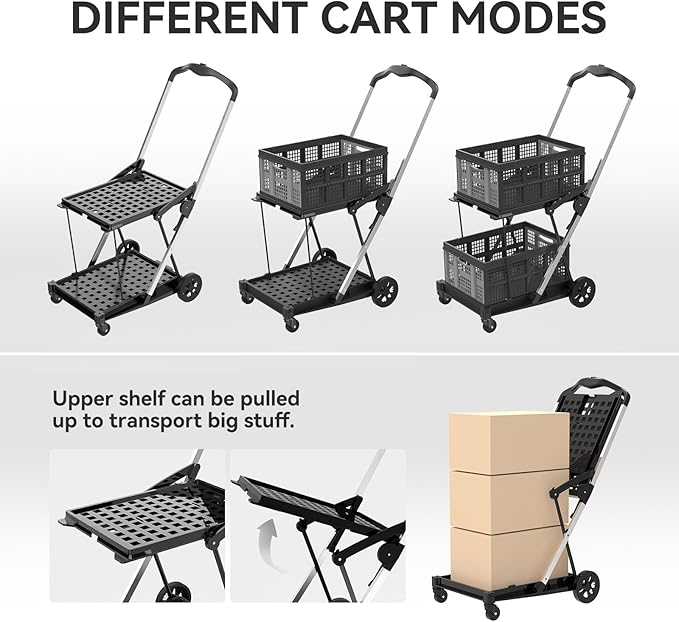 Collapsible Shopping Cart with Wheels,2 Tier Multi Use Foldable Shopping Cart with 2 Storage Crates,Folding Shopping Trolley Utility Cart for Office,Groceries, Warehouse,Supermarket,Picnic (Grey)