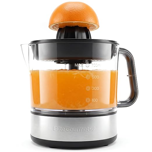 Elite Gourmet ETS326 BPA-Free 40-Watt Electric Citrus Juicer, Compact, Large Volume, Pulp Control, Oranges, Lemons, Limes, Grapefruits with Easy Pour Spout, 24oz, Black/Stainless Steel