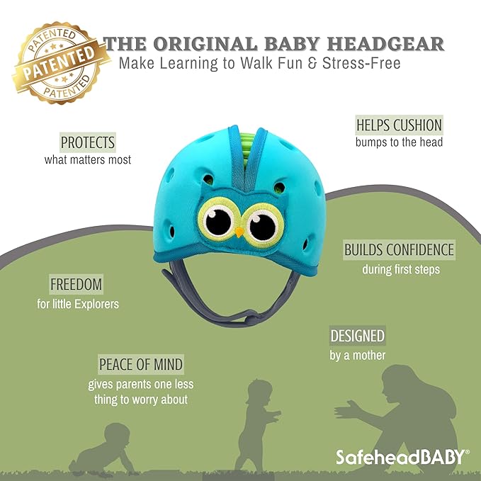 SafeheadBABY Soft Baby Head Protector Helmet for Crawling and Walking 7–24 Months – Ultra-Lightweight & Breathable Infant Safety Helmet that Grows with Your Baby (Head Circ. 40–52 cm) – Owl Blue