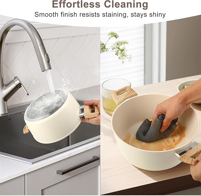 11 Pcs Pots and Pans Set, Nonstick Cookware Set with Lids and Wooden Handles, Silicone Spoons & Spatulas, Non-toxic Healthy Kitchen Cooking Set, PFAS & PFOA Free