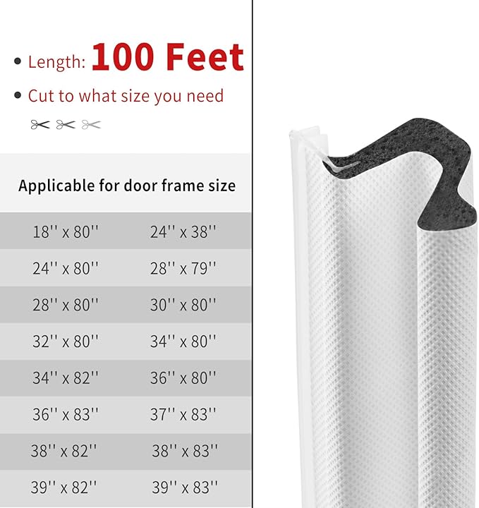 100 Feet Kerf Door Weather Stripping Door Seal, Long Reach V-Shaped Door Seal Strip for Door Frame Door Weatherstripping Insulation Strip Door Soundproofing for Large Gap(White)