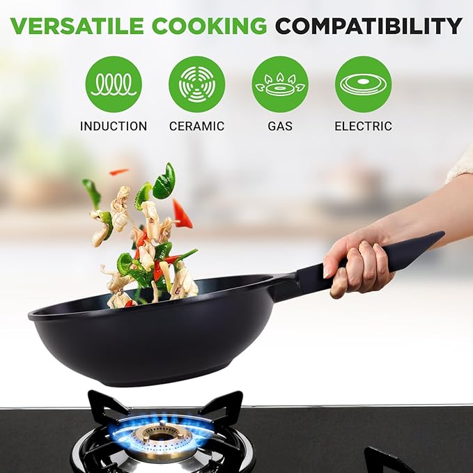 NutriChef Non Stick Frying Pans Set, 5-Piece Blue Diamond Ceramic Cookware with Lid, Nonstick Frying Pan for Gas, Electric, Ceramic & Induction Cooktops, PTFE/PFOA Free, Bakelite Soft-Touch Handles