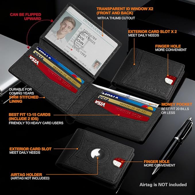Wallet for Men Slim RFID Blocking Bifold Carbon Fiber,Minimalist Small Compact Front Pocket Credit Card Holder,Thin Mens Leather Wallets Smart Security With 2 ID windows 1 Cash (Cross Black)