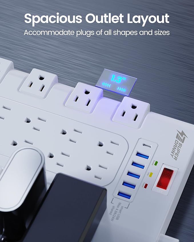 10Ft Extension Cord with Multiple Outlets, SUPERDANNY Surge Protector Power Strip (1875W/15A), 22 AC Outlets and 6 USB Charging Ports, Wall Mountable for Home, Office, Gaming Room, 2100 Joules, White