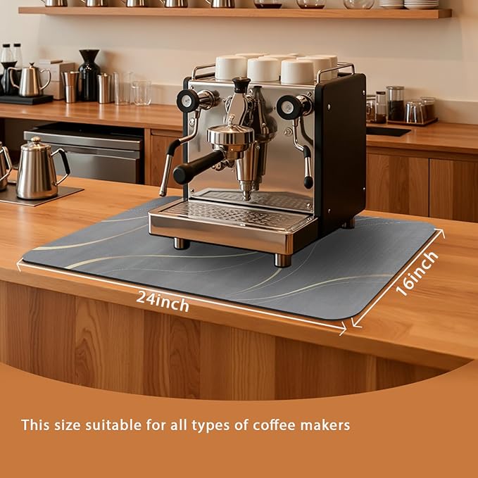 Coffee Mat 24x16 Inch, Irregular Gray Streamline Coffee Pot Mat, Absorbent Hide Stain Rubber Backed Dish Drying Mat for Kitchen Counter, Mat for Countertops, Under Coffee Machine Bar Espresso Staion