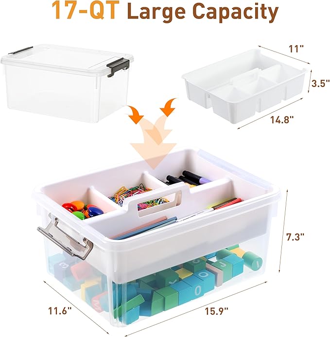 Citylife 17 QT Plastic Storage Bins Clear Storage Box with Removable Tray Stackable Latching Box with Handle for Organizing Tool, Craft, Office, Orange