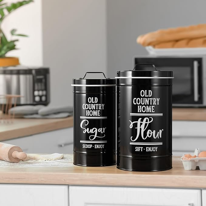 Bivvclaz Canisters Sets for the Kitchen, Airtight Kitchen Canisters for Countertop, Flour and Sugar Containers, Tea Coffee Sugar Canister Set, Coffee Bar Decor and Accessories, Set of 4, Black