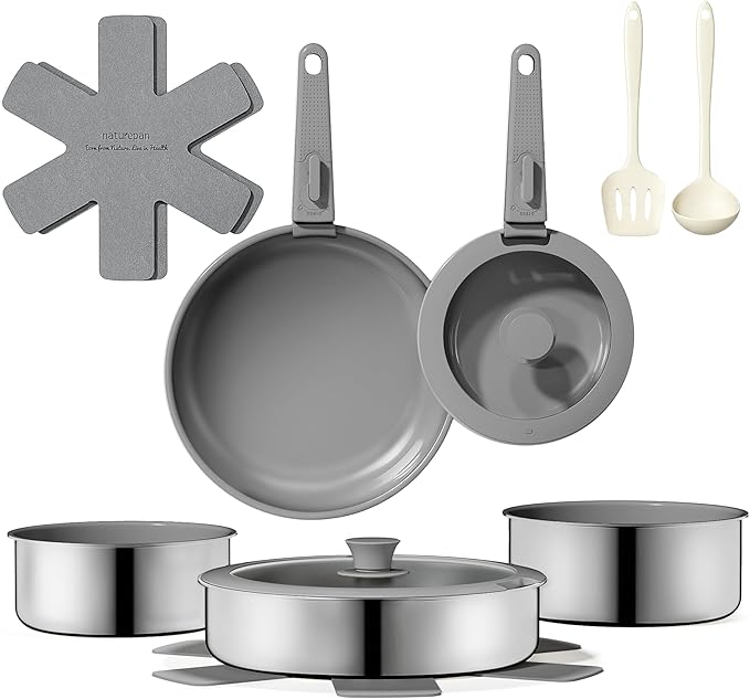 16pcs Nonstick Cookware Set, Diamond-Titanium Ceramic Coating & 3 Layer Stainless Steel Pots and Pans Set with Detachable Handle, Dishwasher Safe, Induction Compatible, Oven Safe, Gray