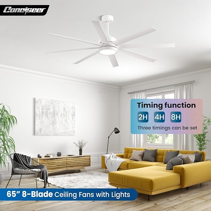 Modern Ceiling Fans with Lights, 65 Inch Ceiling Fan with Light and Remote for Bedroom Living Room Kitchen Office, Indoor/Outdoor Use, 24W 6CCT 8 Blades 6 Speed Reversible Quiet DC Motor, White
