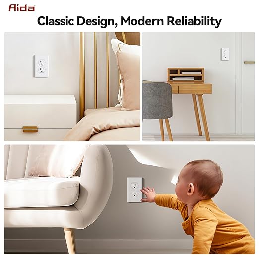 AIDA 50 Pack White Standard Duplex Electrical Wall Receptacle Outlet, 15A 125V, 2 Pole 3 Wire, Tamper Resistant, NEMA 5-15R, Self-Grounding, Wall Plate Included, UL Listed