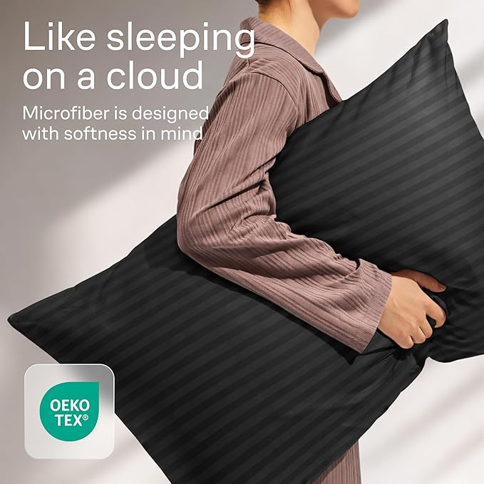 Ultra Soft Pillow Protectors with Zipper Standard Size - Set of 4 Breathable Pillow Covers - 100% Protection Against Stains, Dust & Dirt - Machine Washable (Striped Black)