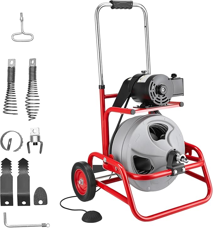 VEVOR Drain Cleaner Machine 75 FT x 1/2 Inch, Sewer Snake Auger on Wheels, Manual Feed Drain Cleaning Machine with Adjustable Drum Angle, 6 Cutters & Air-activated Foot Switch for 2" to 6" Pipes