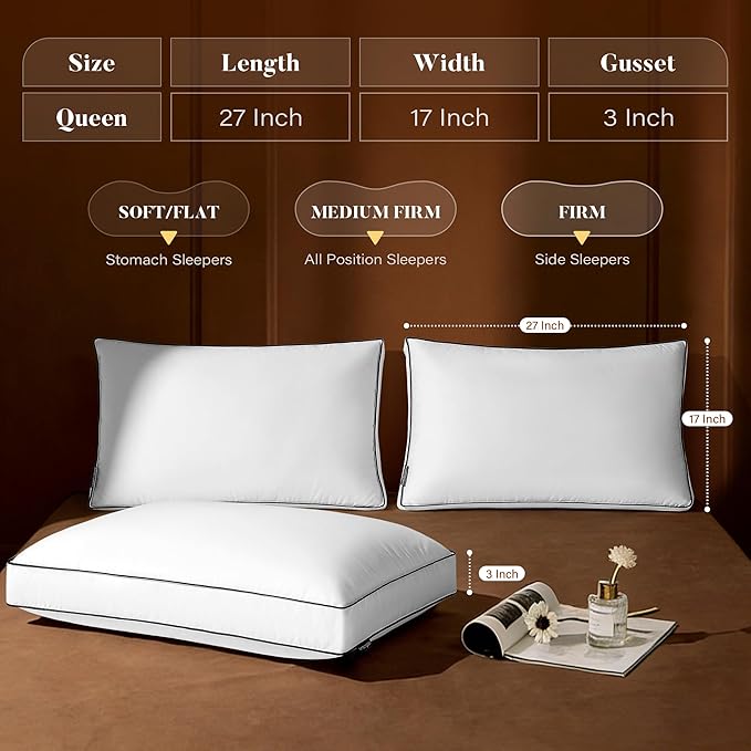 Soft Thin Goose Feather Down Pillows Queen Size Set of 2, Flat Down Surrounded Hotel Collection Bed Pillow for Sleeping with Gusset, 2 Pack, Plush for Stomach, Back Sleepers 20x30 in.