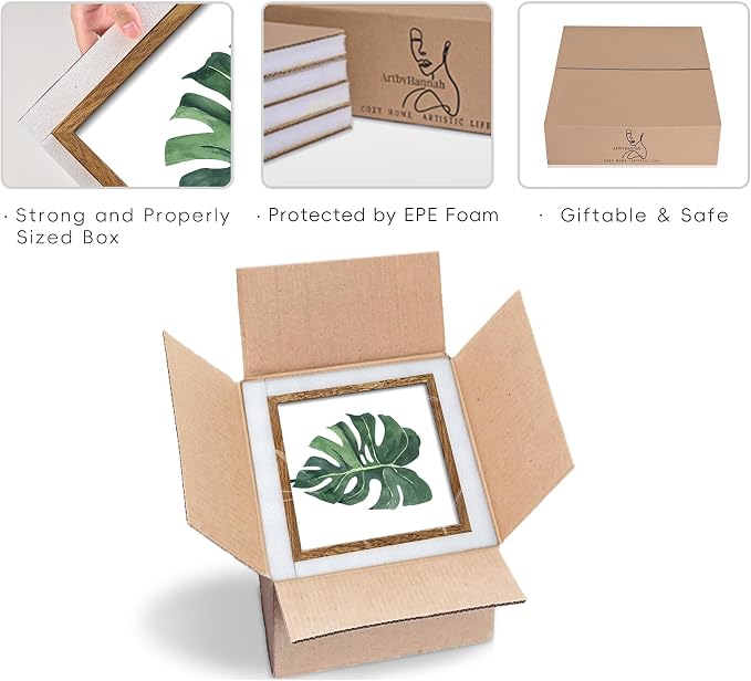 ArtbyHannah Framed Bathroom Wall Art Decor, 8x8 Inch 4 Pack Botanical Gallery Wall Frame Set Modern Farmhouse Sage Green Prints Artwork for Spa, Restroom, Bedroom, Office Decoration (Walnut)