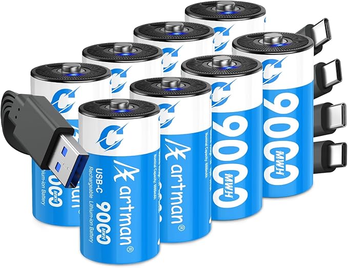 Artman Rechargeable Lithium C Batteries 8 Pack, 1.5V C Cell Batteries with 4 in 1 USB-C Charging Cable, 9000mWh High Capacity Size C Li-ion Battery for Floodlight Toys, Recharge up to 1200+ Cycles