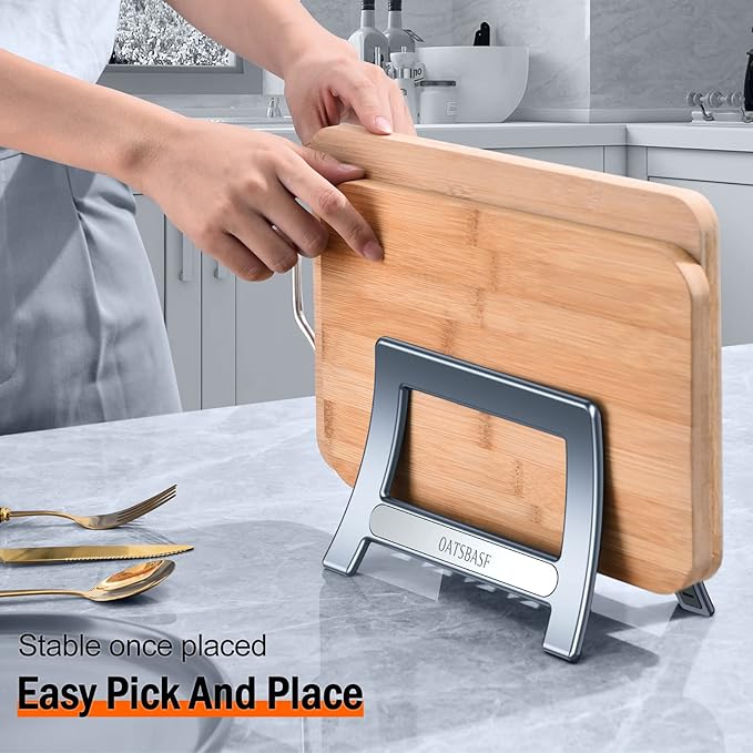 Cutting Board Rack, Auto Width Adjustable Holder Stand for Countertop & Cabinet (Gray)