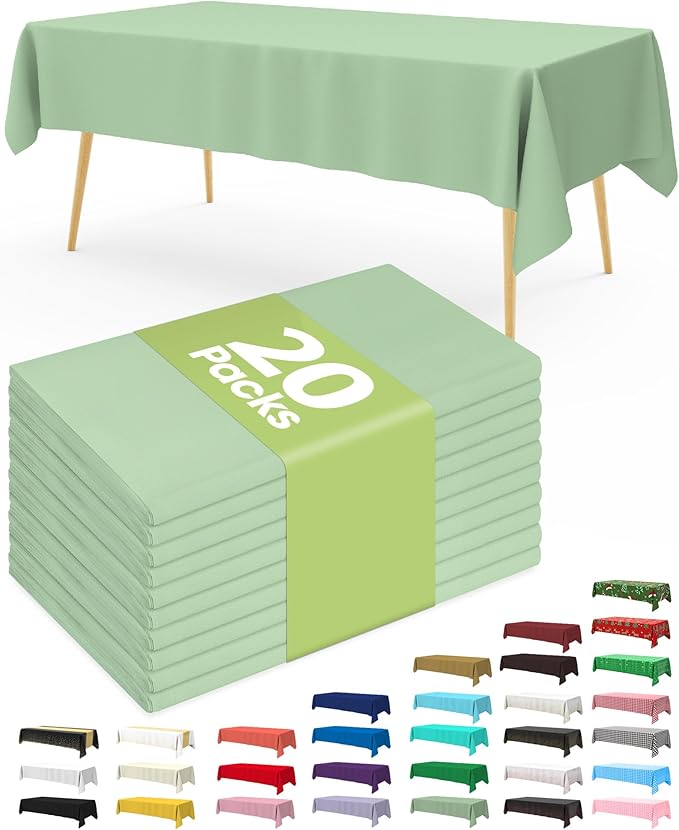 Pureegg Plastic Table Cloth Disposable 20 Pack, 54 x 108 Inch Table Cloths, Easter Party, Decorative Tablecloths, Rectangle, Light, Pastel Plastic Cover, Leakproof & Sturdy, Sage Green