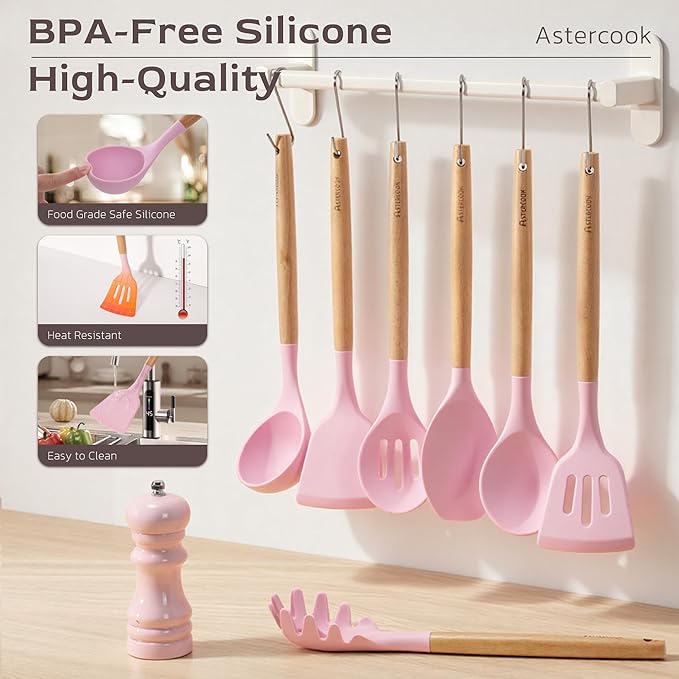 Astercook Kitchen Utensils set, 39 PCS Silicone Cooking Utensils Set with Wooden Handle, 446°F Heat Resistant Food Grade Utensil Sets, BPA Free Kitchen Gadgets Tools Set for Mothers Day Gifts