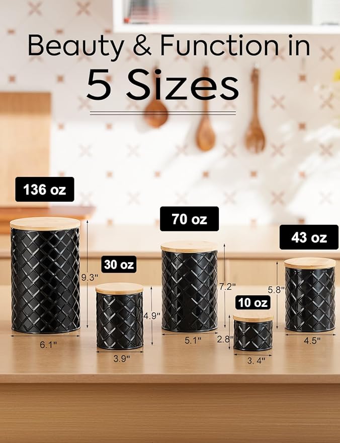 FavorFlavor Kitchen Storage Containers for Countertop Set of 6,Food Containers with Airtight Lids,Flour and Sugar Storage Containers,Black Canister Set for Coffee and Tea,Farmhouse Kitchen Decor