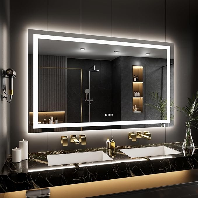LOAAO 55"X40" LED Bathroom Mirror with Lights, Anti-Fog, Dimmable, Backlit + Front Lit, Lighted Bathroom Vanity Mirror for Wall, Memory Function, Tempered Glass, Safe to Use, ETL Listed