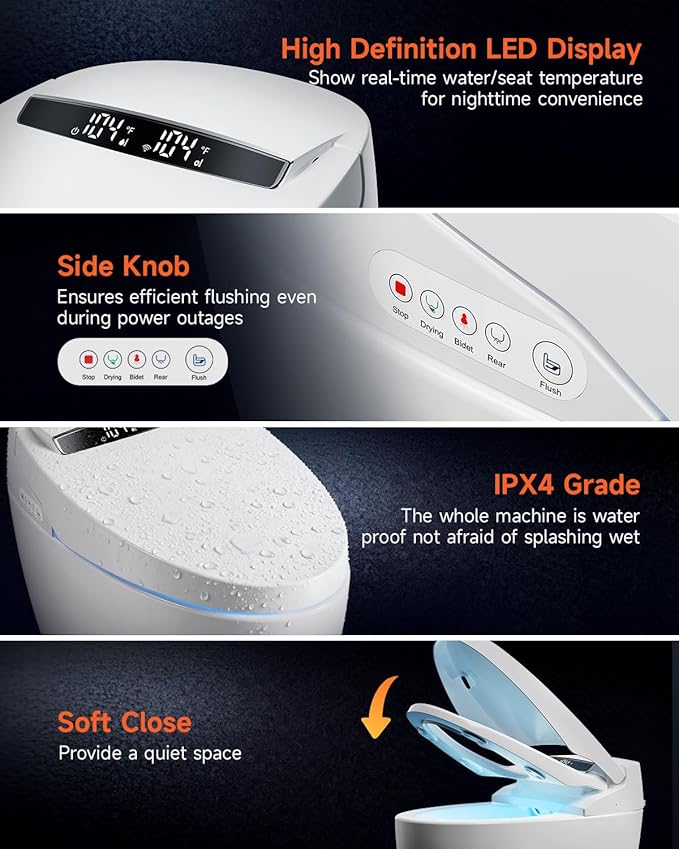 Smart Toilet with Bidet Built In, Auto Open/Close,Powerful Flush 1.2GPF, 17.2" ADA Comfort Height Seat,Foot Sensor,Bidet Toilet With Heated Seat,Instant Warm Water & Dryer,Tankless Toilet