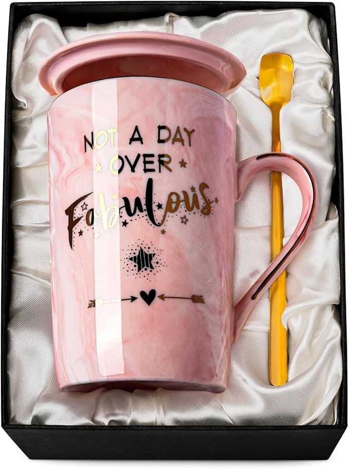Funny Birthday Gifts for Women - 14Oz Not a Day Over Fabulous Coffee Mug Printed with Gold, Happy Birthday Gift Ideas for Her Bday, Mom, Sister, Best Friends Female, Christmas Ceramic Cup Gift, Pink