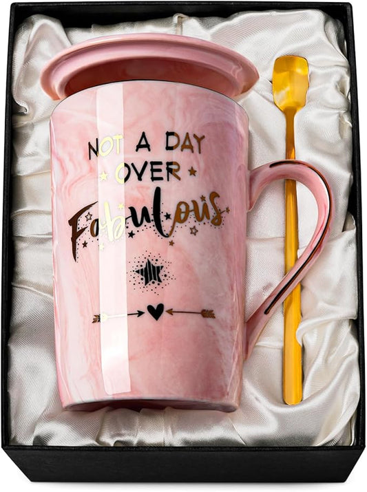 Funny Birthday Gifts for Women - 14Oz Not a Day Over Fabulous Coffee Mug Printed with Gold, Happy Birthday Gift Ideas for Her Bday, Mom, Sister, Best Friends Female, Christmas Ceramic Cup Gift, Pink