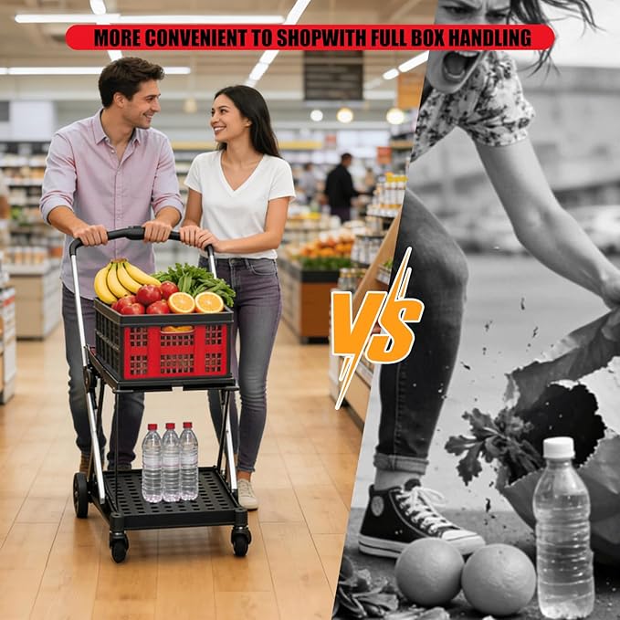 Collapsible Shopping Cart with Wheels,2 Tier Multi Use Foldable Shopping Cart with 2 Storage Crates,Folding Shopping Trolley Utility Cart for Office,Groceries, Warehouse,Supermarket,Picnic (Red)