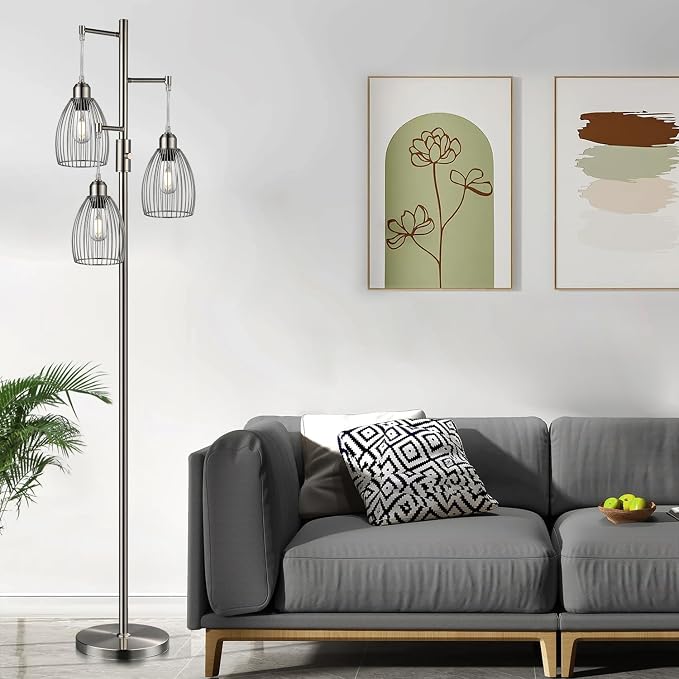 Nintiue Dimmable Floor Lamp, 3 x 800LM LED Edison Bulbs Included, Industrial Floor Lamp Standing Tree Lamp with Elegant Teardrop Cage Heads Tall Lamps for Living Room Bedroom-Brushed Nickel