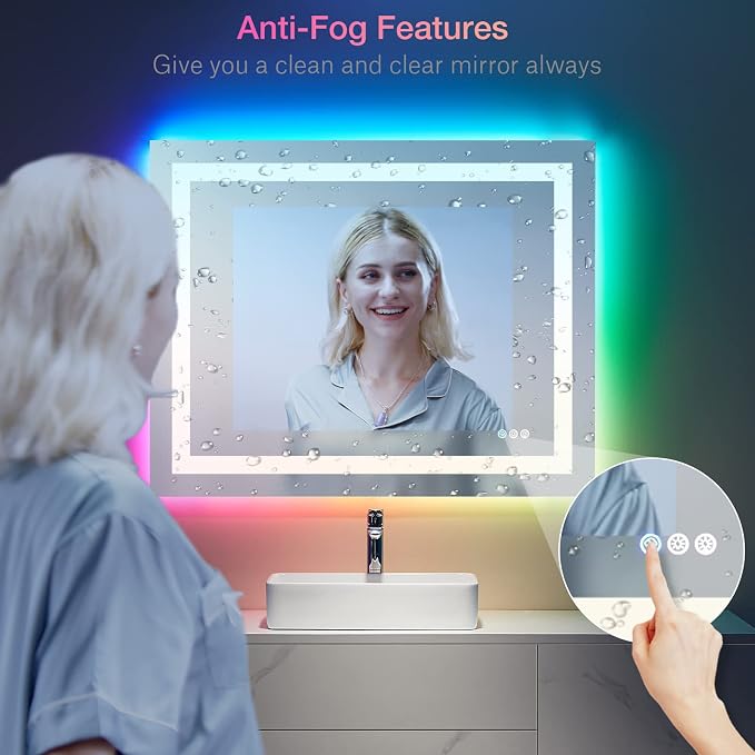LOAAO 48"X28" LED Bathroom Mirror with Lights, Anti-Fog, Dimmable, RGB Backlit + Front Lighted, Bathroom Vanity Mirror for Wall, Memory Function, Tempered Glass, ETL Listed