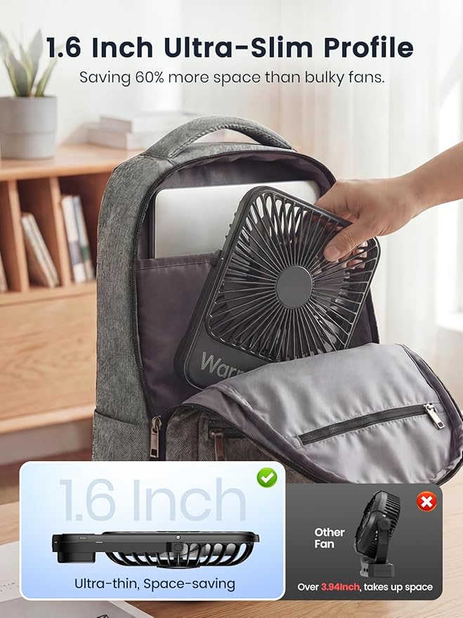 Warmco 10000mAh Portable Travel Fan 7-inch, Up to 24H Runtime, Ultra-thin Quiet Rechargeable Battery Operated Desk Fan with Digital Display for Camping, Office, Bedroom, Cruise Essentials