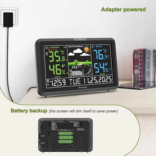 DreamSky Weather Station Indoor Outdoor Thermometer Wireless, Atomic Clock | Digital Large Display with Dimmer, USB Port, Inside Outside Temperature Humidity Monitor for Home (Plug-in)-2 Sensors