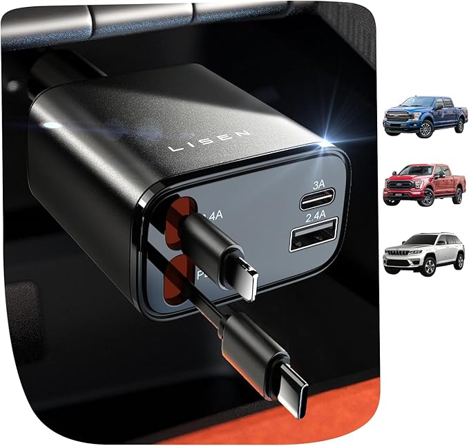 LISEN Retractable Car Charger 4 in 1 for Cars, 69W Retractable USB C Car Charger with 31.5in Cable, Fast Charging for iPhone 17 16 15 14 13 12 Pro Max Plus, Compact Cars Accessories for Daily Driving