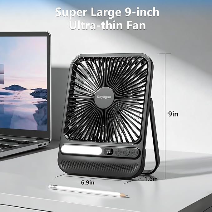 Deyagoo Travel Fan,7-Inch Portable Fan, Rechargeable Fan, 28H 10000mAh Ultra-Thin Quiet USB Desk Fan with Timer & LED Display for Bedroom, Office, Camping