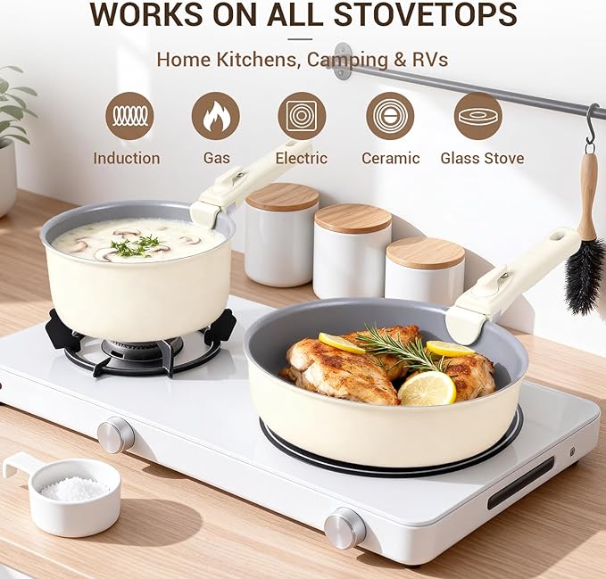 Ammeloo 18-Piece Ceramic Pots and Pans Set Non Stick, Non Toxic Cookware Set with Removable Handles, Pot Sets for Cooking, Induction Ready, Dishwasher & Oven Safe, PFAS PFOA & PTFE Free (Cream White)