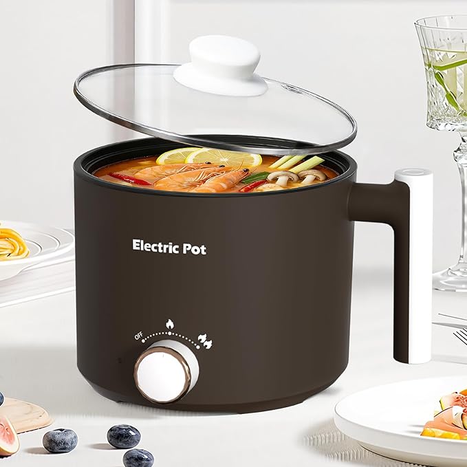 Electric Hot Pot :1.5L Mini Ramen Cooker with Overheat & Boil-Dry Protection, Suitable for Noodles, Soup, Oatmeal, College Dorm Office Travel Essentials (Brown, 1.5L)