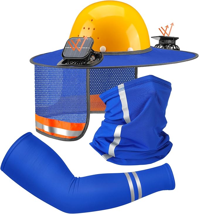 1 Set Sun Hard Hat Shade Full Brim Hard Hat Sun Visor with 2 Solar Fans and Neck Sunshade Cover UV Reflective Strap Arm Sleeves for Construction Workers Outdoor Protection(Blue)