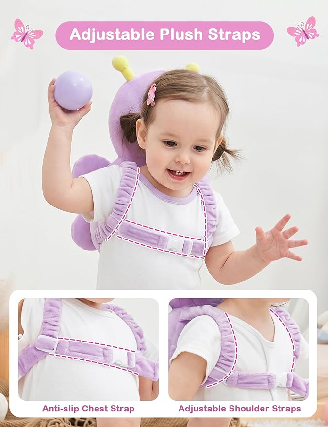 JunNeng Baby Head Protector Backpack, Toddler Walking Fall Head Protection, Purple Butterfly