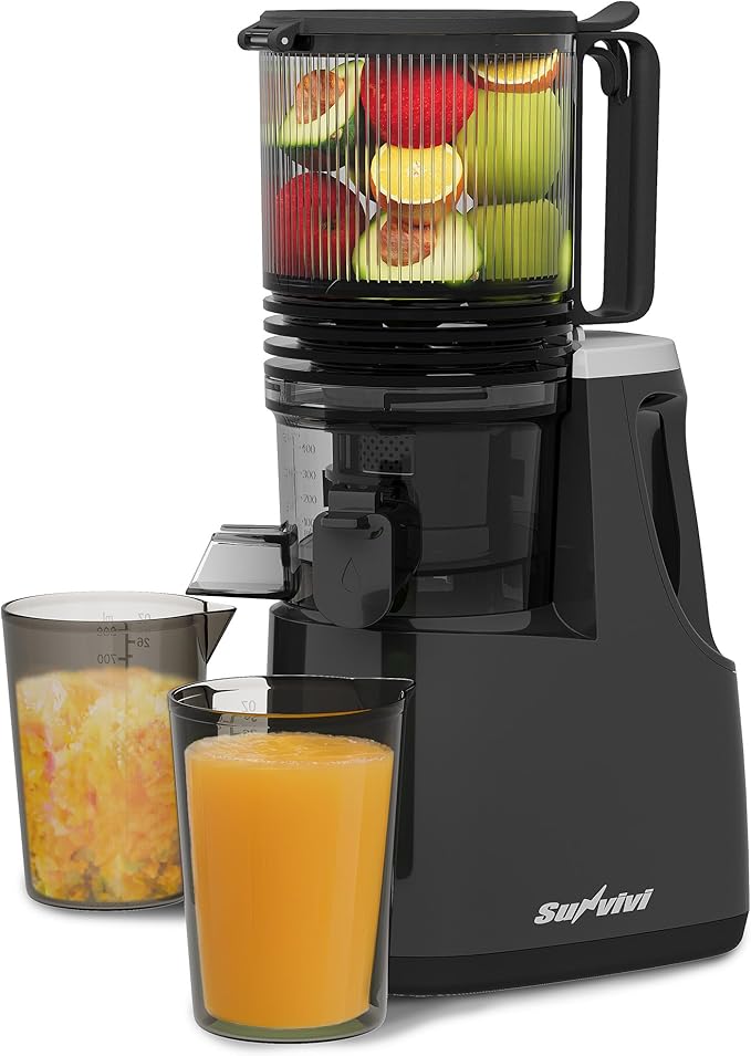 Sunvivi Cold Press Juicer with 5.9" Wide Feed Chute, 150W Slow Masticating Juicer Machines Fit Whole Vegetables & Fruits, Easy to Clean, Dual-Layer Strainer, High Yield Juicer for Home, Black