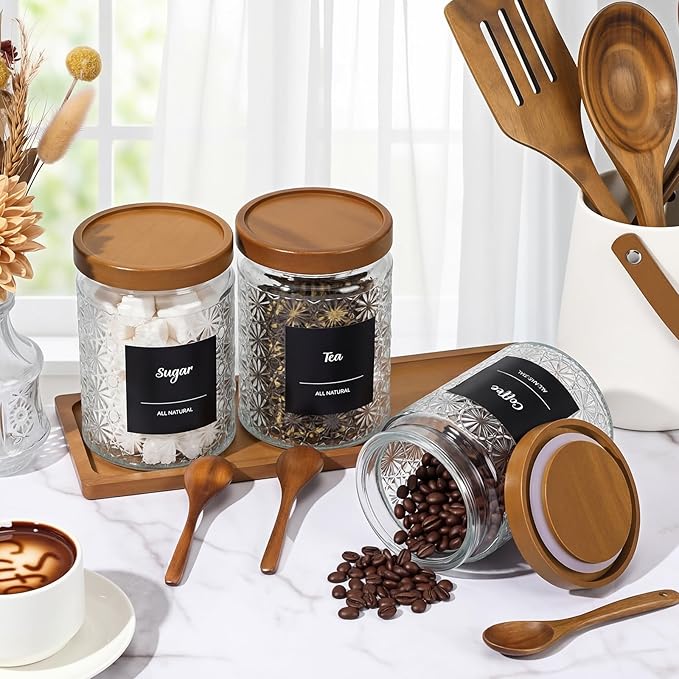 3 Pcs Glass Coffee Container Set with Wooden Lid Spoon Shelf Labels Clear Sugar Tea Airtight Jar Food Storage Canisters Set for Spice Holder Coffee Bar Gifts(Star,24 oz)