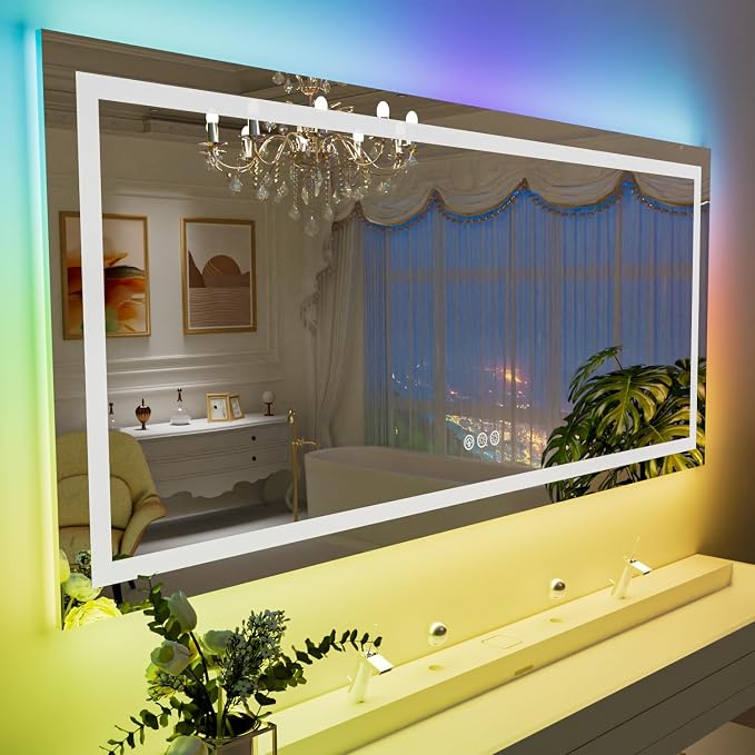 LOAAO 60"X40" RGB LED Bathroom Mirror with Lights, Anti-Fog, Dimmable, Lighted Bathroom Vanity Mirror, Multiple Light Modes, RGB Backlit + Front Light, Memory Function, Tempered Glass, ETL Listed