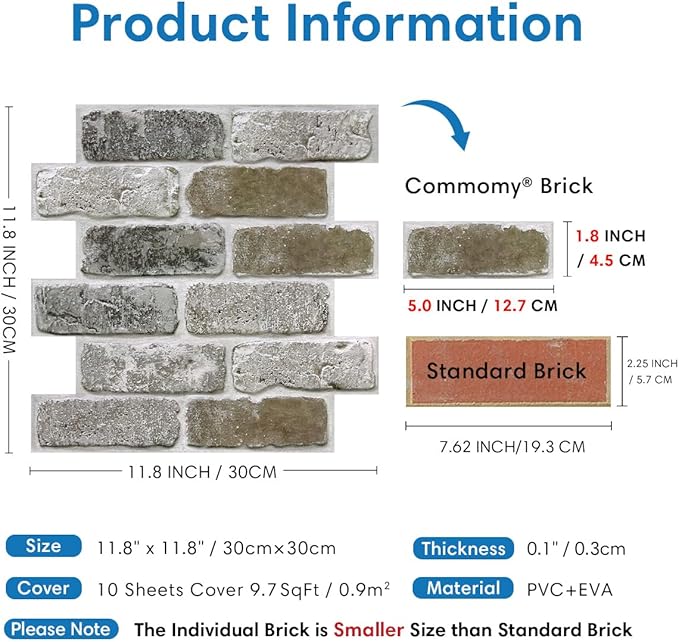 COMSTICKC 3D Faux Brick Wall Panel Peel and Stick, 10 Pcs of 12"X12", Small Size, Ultra-Light PVC Fake Brick Decorative Tiles Backsplash, Paintable, Not Real Brick (Vintage Brown Gray)