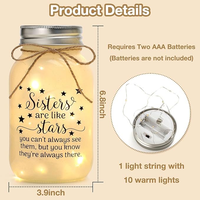 Maracco Mothers Day Gifts for Sister from Sisters - 30 oz Large Mason Jar Night Light, Unique Sisters Birthday Gift for Women, Best Christmas Sister Gift from Brother