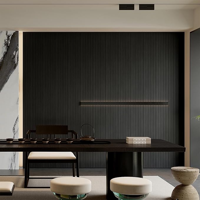 YU LI 3DH Peel and Stick PVC Slat Wall Panel 118"x15.75" Self-Adhesive Thick Faux Black Wood Grain Wallpaper Panel 3D Soundproof Wall Panels for Walls & Ceilings