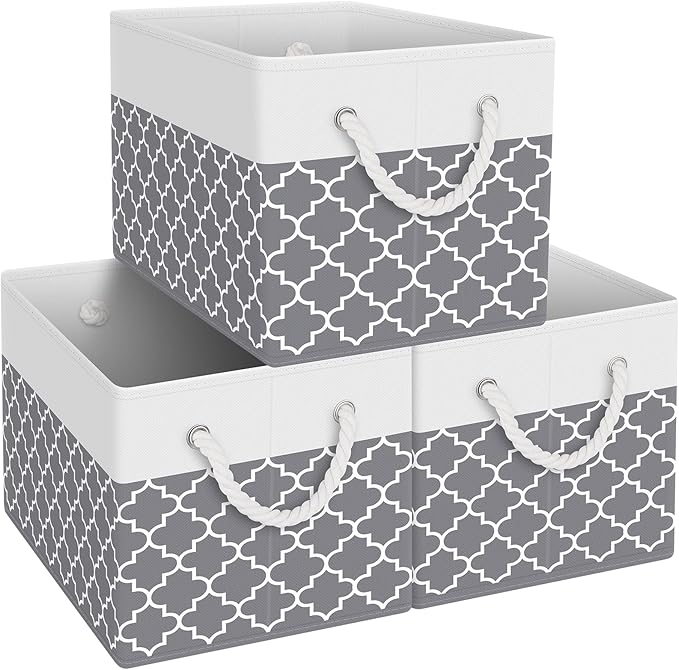 Fab totes Storage Bins [16-Pack], Foldable Storage Baskets for Organizing Toys, Books, Shelves, Closet, Large Storage Box with Rope Handles, Sturdy Organizer Bins, White & Black